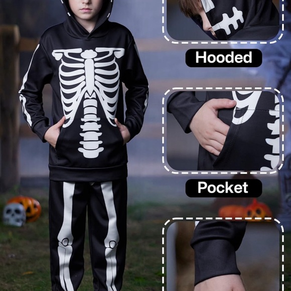 Halloween BesserBay Outfit Kids Skeleton Hoodie/Pants 2 PC Set Pockets Size 12 - Picture 6 of 9